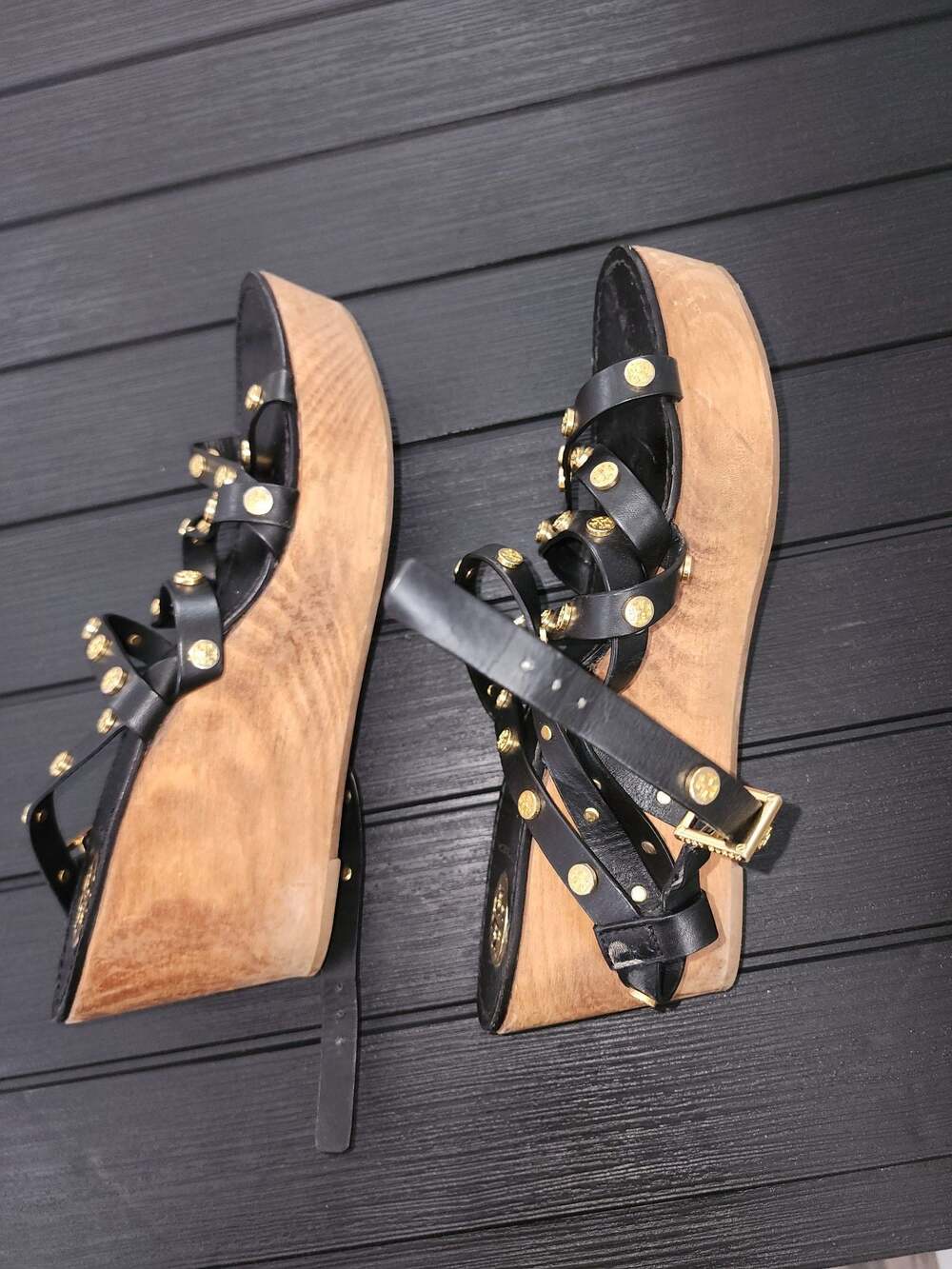 Tory Burch Studded Wood Platform Wedges Black Leather Strappy Sandals - Picture 7 of 8